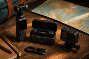 DJI Pocket 4, DJI Mic 3 und GoPro HERO 11 auf einem Holztisch mit Südostasienkarte