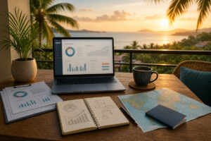 Laptop mit Finanzplanung, Unterlagen, Weltkarte und Reisepass auf einem Tisch mit tropischer Aussicht