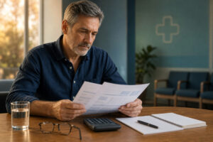 Älterer Mann prüft Krankenversicherungsunterlagen mit Brille und Taschenrechner in einem Wartezimmer