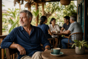 Älterer Mann sitzt entspannt mit Kaffee in einem südostasiatischen Café und beobachtet eine Gesprächsrunde