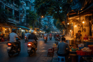 Belebte Straße in Hanoi mit Mopeds, Garküchen und warmem Abendlicht