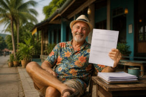 Gut gelaunter Rentner im Hawaiihemd hält ein Visa-Formular vor tropischer Kulisse in Kambodscha in die Kamera