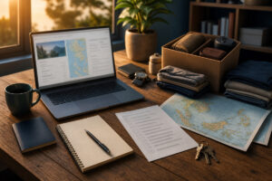 Schreibtisch mit Checkliste, Laptop, Landkarte von Südostasien und gepacktem Umzugskarton