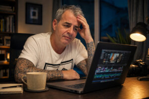 56-jähriger YouTuber sitzt erschöpft vor einem MacBook mit überfüllter Videoschnitt-Timeline